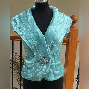 CACHET Elegant BLUE Pleated EMBELLISHED BLOUSE with Brooch WOMEN SIZE 12P